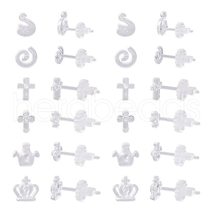 Boutigem 60 Sets 6 Style Crown & Cross & Swan & Vortex Transparent Resin Stud Earrings for Women EJEW-BG0001-02-1