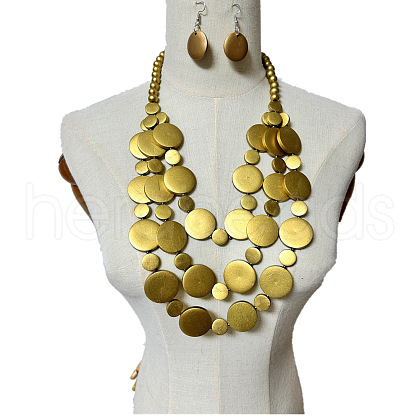 Ethnic Style Wood Flat Round Beaded Multilayer Necklaces & Dangle Earrings Sets WG19BD2-02-1