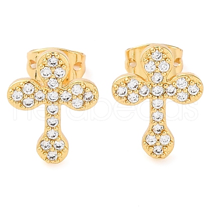 Rack Plating Cross Brass Pave Clear Cubic Zirconia Stud Earrings EJEW-S245-01G-C-1