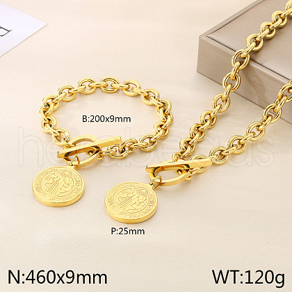 Flat Round with Saint Benedict 304 Stainless Steel Pendant Necklaces & Charm Bracelets Sets FS-WG2A73C-08-1