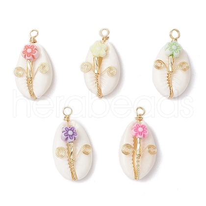 Natural Cowrie Shell Copper Wire Wrapped Pendants PALLOY-JF03834-1