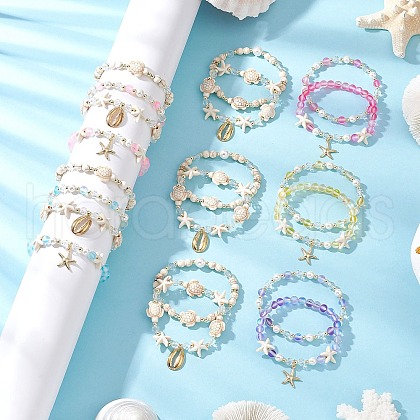 20Pcs 20 Styles Shell Pearl & Glass & Synthetic Turquoise & Synthetic Moonstone Beads Stretch Bracelets & 304 Stainless Steel Charm Bracelets for Women BJEW-JB11996-1