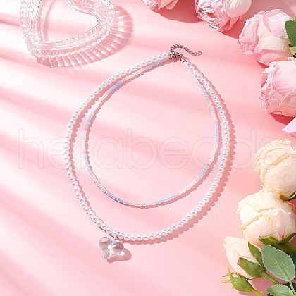 Acrylic Heart Pendant ABS Plastic Imitation Pearl & Glass Seed Beaded Double Layer Necklaces NJEW-JN05290-03-1