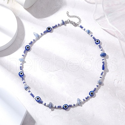 Natural Blue Aventurine(Dyed & Heated) Chip & Resin Evil Eye & Glass Seed Beaded Necklaces NJEW-JN05294-1