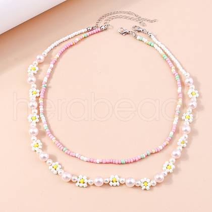 2Pcs Flower Glass Seed Beaded with Plastic Pearl Beaded Necklace Sets for Women FS-WGE85A7-21-1