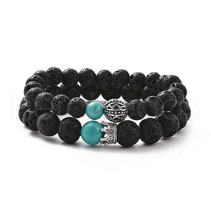 Couples Natural Lava Rock Stretch Bracelets BJEW-JB03315-01-1