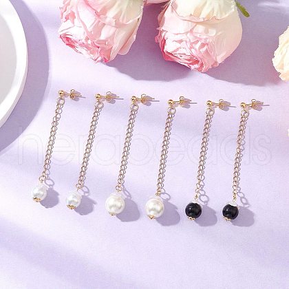 Glass Imitation Pearl Round Tassel Stud Earrings EJEW-JE06453-1