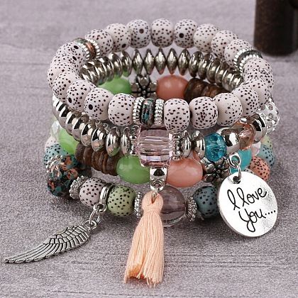 Bohemin Style Natural Moon and Star Xingyue Bodhi Beads Stretch Bracelet Set WG2BA1D-14-1