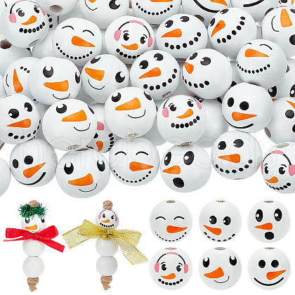   60Pcs 6 Styles Round Christmas Snowman Print Wood European Beads WOOD-PH0003-05-1