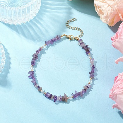 Natural Amethyst Chip & Glass Beaded Anklets AJEW-AN00682-02-1