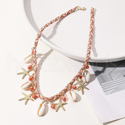 Summer Beach Natural Cowrie Shell & Glass & Alloy Starfish Pendant Double Layered Neckalces for Women FS-WGA7A0B-01-1