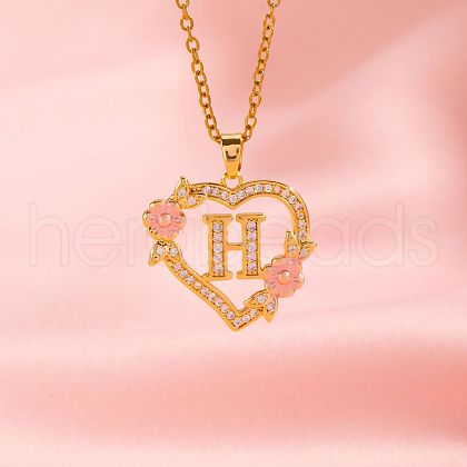 Brass Crystal Rhinestone Hollow Rose Heart with Letter Pendant Necklaces for Women WGC1928-08-1