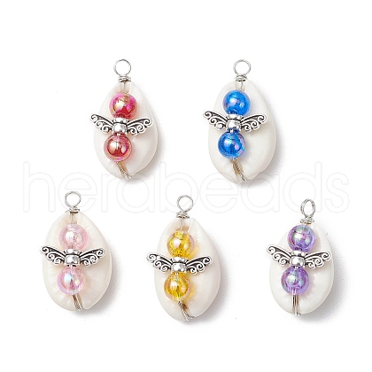 Natural Cowrie Shell & Transparent Acrylic Angel Pendants PALLOY-JF03815-02-1