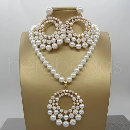 Plastic Imitation Pearl Beaded Stud Earrings & Necklaces Sets for Women FS-WGDB8BB-01-1