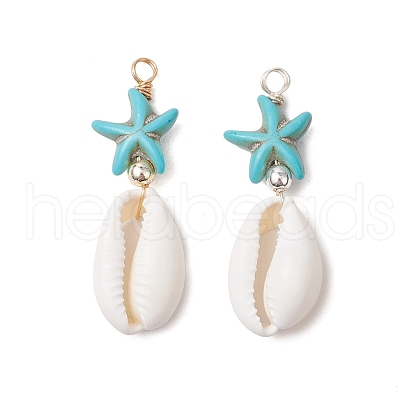 2Pcs 2 Colors Cowrie Shell & Synthetic Turquoise Starfish Pendants PALLOY-JF03407-1