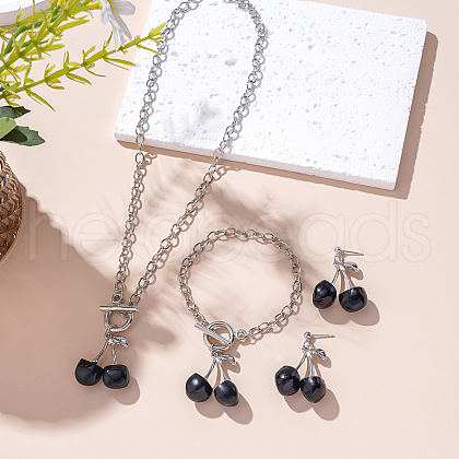 Cherry Zinc Alloy & CCB Plastic & 304 Stainless Steel & Iron Pendant Necklaces & Charm Bracelets & Stud Dangle Earrings Sets FS-WGA613B-01-1