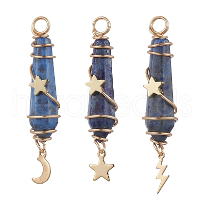 3Pcs 3 Styles Natural Lapis Lazuli Pointed Copper Wire Wrapped Faceted Bullet Big Pendants PALLOY-JF03572-04-1