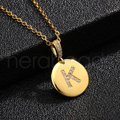 Brass Micro Pave Clear Cubic Zirconia Flat Round with Letter Pendant Necklaces FS-WG00655-11-1