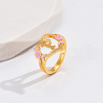 Heart & Flower Brass Pearl Pink Enamel Adjustable Finger Rings FS-WG8B9BA-15-1