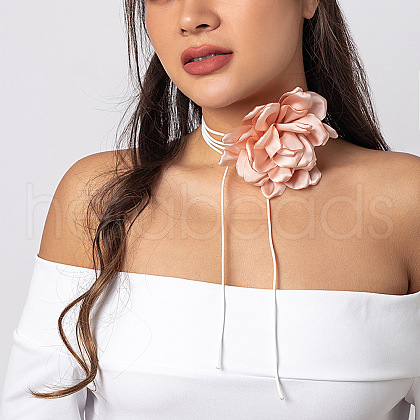 Retro Cloth Rose Flower Waxed Cord Wrap Choker Necklaces for Women WG01AE5-02-1