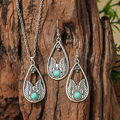 Bohemian Style Zinc Alloy & Synthetic Turquoise Pendant Necklaces & Dangle Earrings Sets WG40DB6-10-1