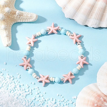 Dyed Synthetic Turquoise Beads & Natural Howlite Round Beads Stretch Bracelets for Women BJEW-JB11792-01-1