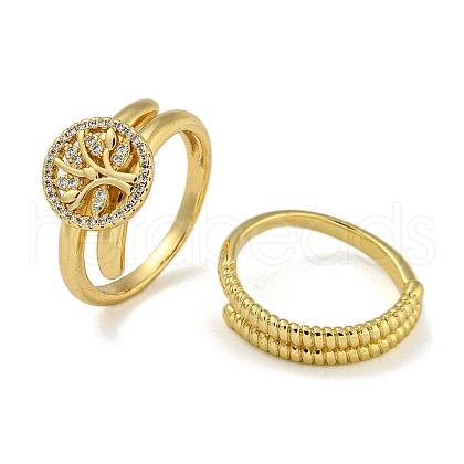 Flat Round with Tree of Life Brass Micro Pave Clear Cubic Zirconia Double Rings RJEW-Z050-23G-1