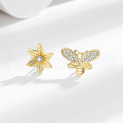 Bees & Flower Brass Micro Pave Clear Cubic Zirconia Stud Earrings EJEW-C145-01G-1