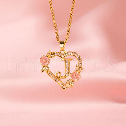 Brass Crystal Rhinestone Hollow Rose Heart with Letter Pendant Necklaces for Women WGC1928-10-1