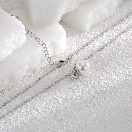 Brass Micro Pave Clear Cubic Zirconia with Round Shell Pearl Beaded Pendant Necklaces FS-WG09154-08-1