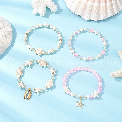 4Pcs 4 Styles Shell Pearl & Glass & Synthetic Turquoise & Synthetic Moonstone Beads Stretch Bracelets & 304 Stainless Steel Charm Bracelets for Women BJEW-JB11996-01-1