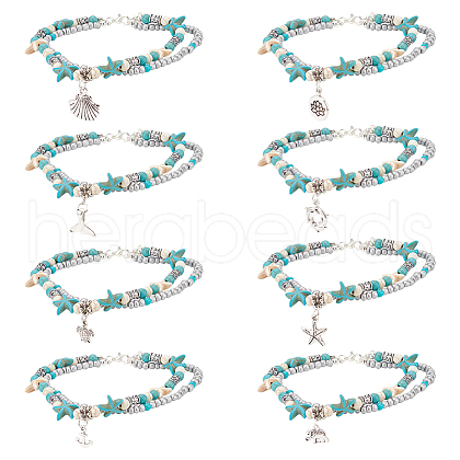 ANATTASOUL 8Pcs 8 Style Synthetic Turquoise Starfish & Seed & Resin Beaded Double Layer Multi-strand Anklets Set AJEW-AN0001-03-1