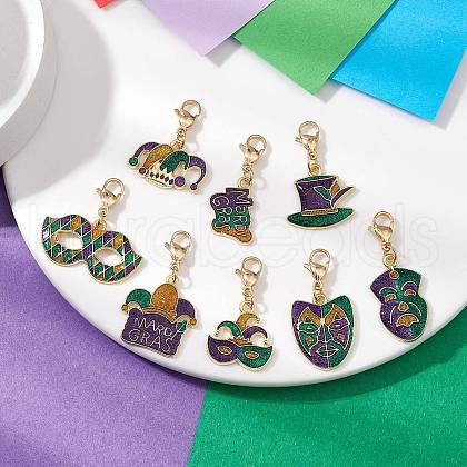 8Pcs 8 Styles Carnival/Mardi Gras Theme Alloy Enamel & Glitter Powder Pendants Decoration HJEW-JM02997-1