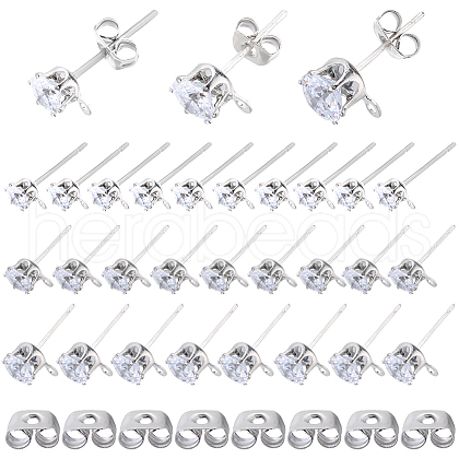 SOFPLATE 60Pcs 3 Size Clear Cubic Zirconia Stud Earring Findings STER-SP0001-01-1