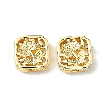 Square with Flower Brass Beads KK-K293-71G-1