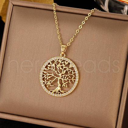 Brass Micro Pave Clear Cubic Zirconia Tree of Life Pendants NJEW-H066-01D-G-1