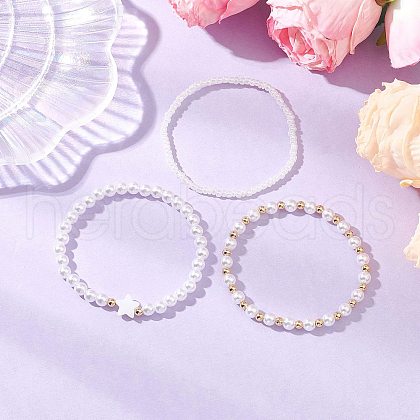 3Pcs 3 Styles ABS Plastic Imitation Pearl Beads and Shell Beads Stretch Bracelets for Women BJEW-JB11798-1