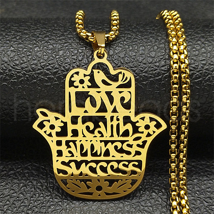 304 Stainless Steel Hollow Cut Hamsa Hand Pendant Necklaces NJEW-H065-07G-1