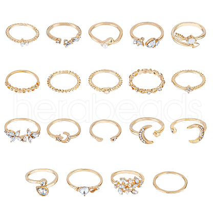 FIBLOOM 19Pcs 19 Style Alloy Open Cuff Rings Set with Rhinestone RJEW-FI0001-16-1