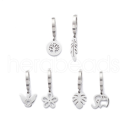 3 Pair 3 Style Leaf & Flower & Butterfly & Tree & Elephant Asymmetrical Earrings EJEW-B020-03P-1