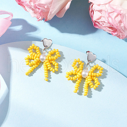 Heart with Bowknot Handmade Glass Seed Beads Dangle Stud Earrings EJEW-MZ00474-01-1