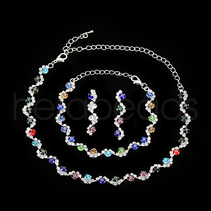 Flat Round Brass Rhinestone Chain Necklaces & Stud Earrings & Bracelets FS-WGE4E6D-06-1