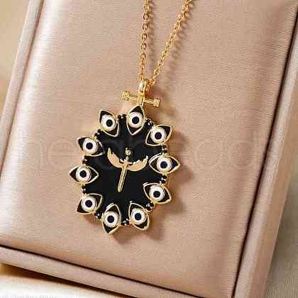 Fashionable Brass Enamel Oval Evil Eye Pendant Necklaces with Black Shiny Cubic Zirconia SO6583-2-1