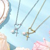 2Pcs 2 Colors Stainless Steel & ABS Imitation Pearl Heart Cross Necklaces for Women NJEW-JN05201-1