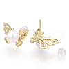 Brass Rhinestone Butterfly & Natural Pearl Stud Earrings PEAR-N020-06G-1