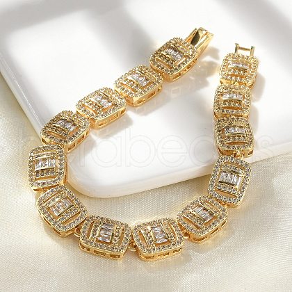 Brass Micro Pave Clear Cubic Zirconia Rectangle Link Bracelets for Women BJEW-C100-01G-1