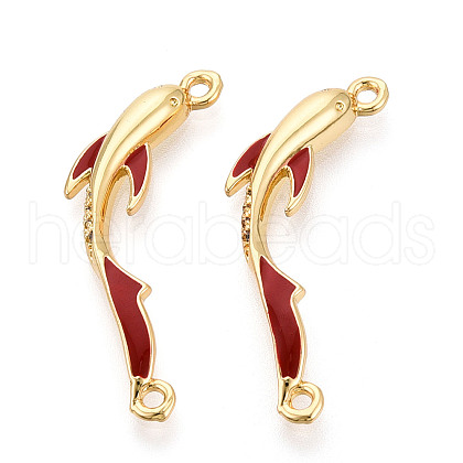 Brass Micro Pave Clear Cubic Zirconia and FireBrick Enamel Connector Charms KK-T074-68G-1