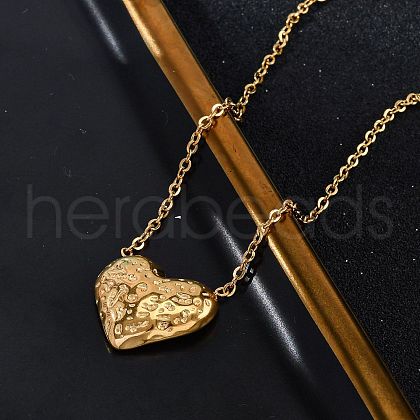 304 Stainless Steel Textured Heart Pendant Cable Chain Necklaces NJEW-U026-10G-1