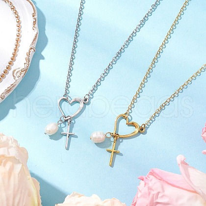 2Pcs 2 Colors Stainless Steel & ABS Imitation Pearl Heart Cross Necklaces for Women NJEW-JN05201-1