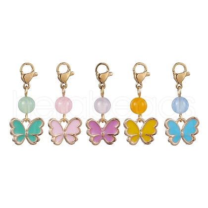 5Pcs 5 Colors Butterfly Alloy Enamel Pendant Decorations HJEW-JM01776-S-1